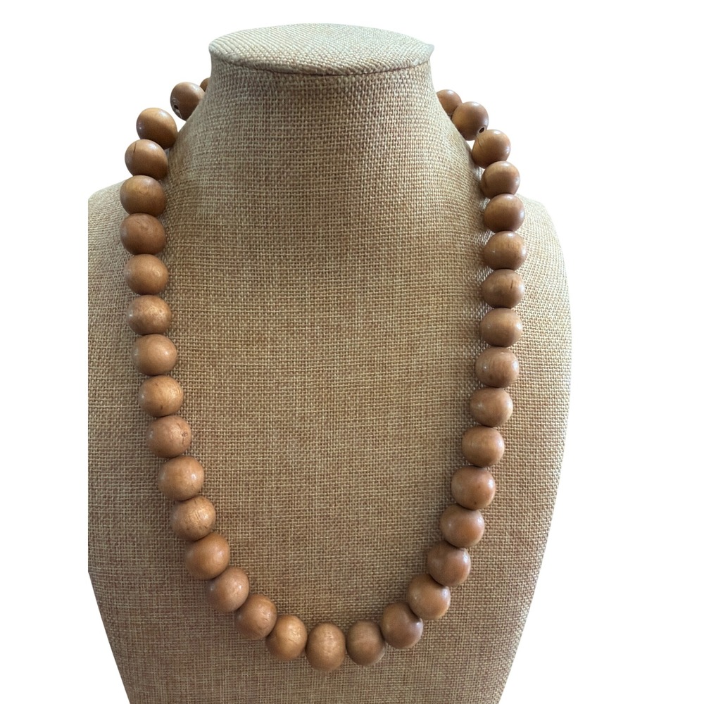 Vintage Natural Wood Round Bead Strand Necklace Tan Boho Minimalist  Netral